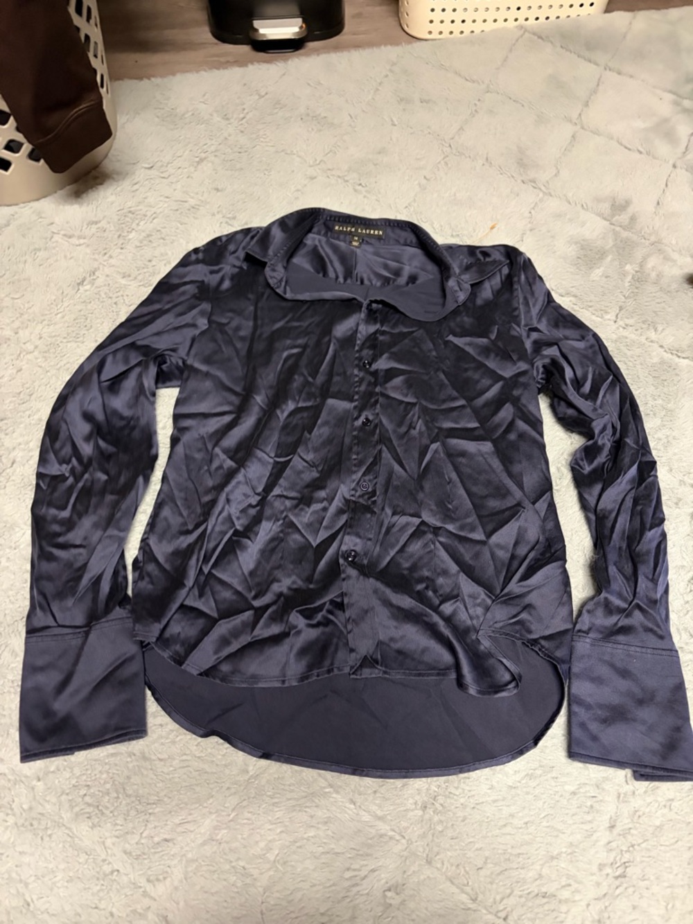 Ralph Lauren Navy Satin Button-Down Shirt